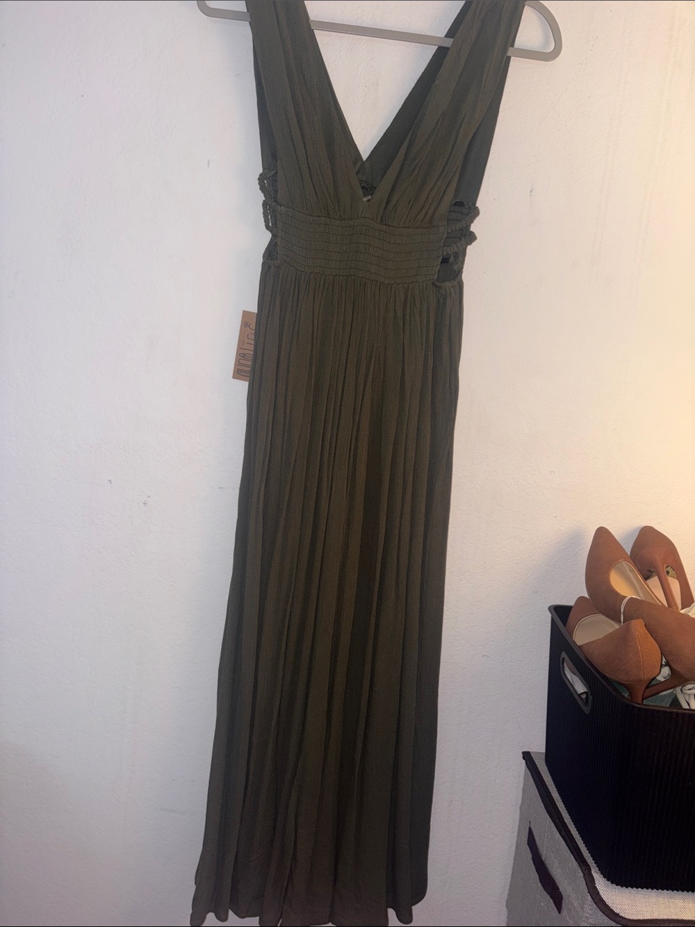 Smocked Waist Olive Maxi Dress with V-Neck